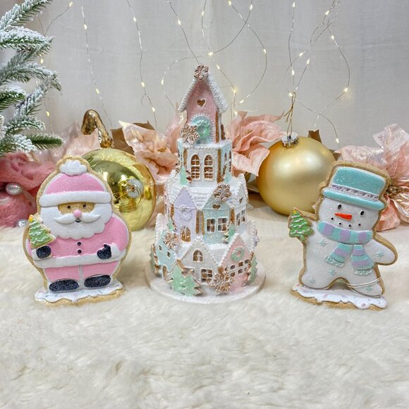 Light up LED Pastel Pink Gingerbread Sugar Castle House Whimsical Christmas 3 PC
